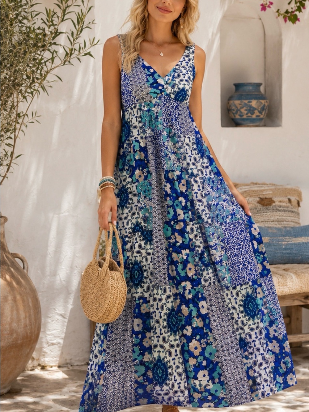 Route 66 Blue Floral Patchwork V-Neck Maxi Dress